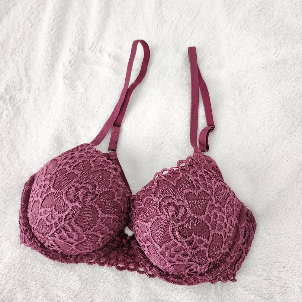 Aerie 32C burgundy pink purple flower lace cover push up Bra